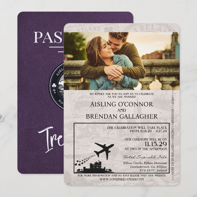 Violet violet Faire-part de mariage de passeport i (Devant / Derrière)