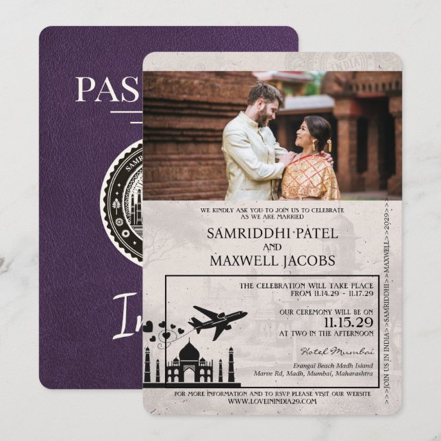 Violet violet Faire-part de mariage de passeport i (Devant / Derrière)