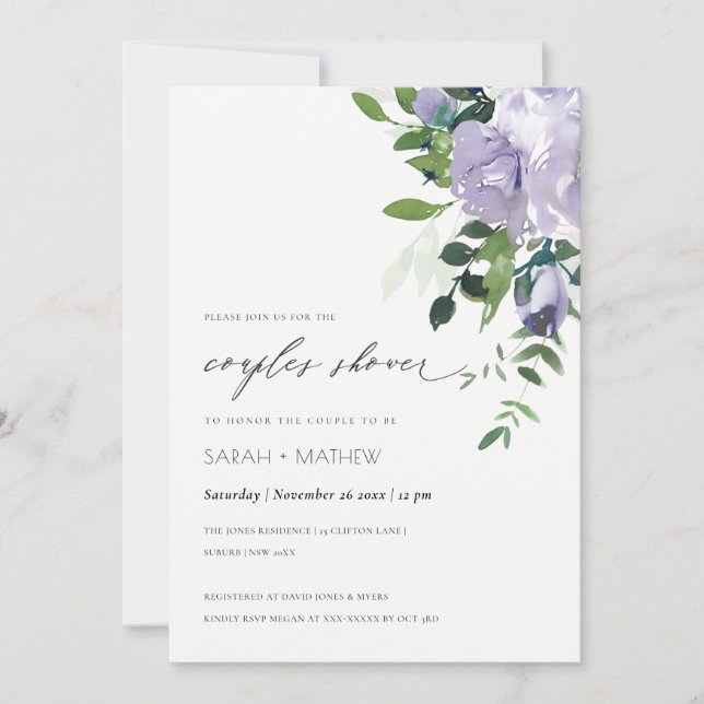 Violet Violet Floral Couples Feuilles Invitation d (Devant)