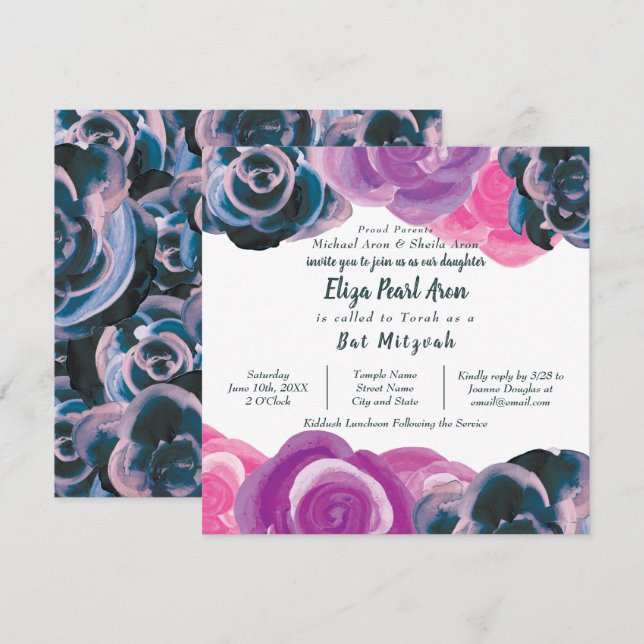 Violet violet rose roses Bat mitzvah Invitation (Devant / Derrière)