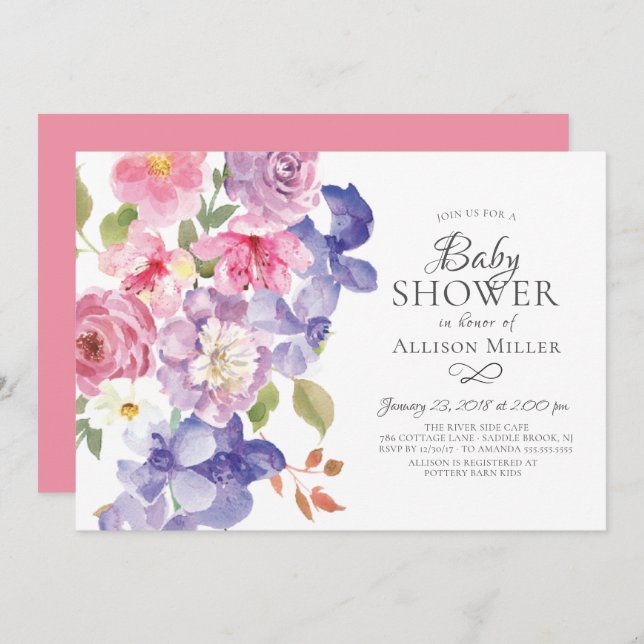 Violets violets Floraux BÉBÉ Douche Invitations (Devant / Derrière)