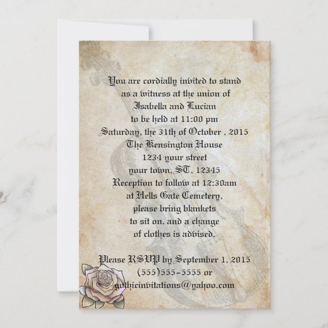Violon vintage et Rose Goth Mariage Invitations (Devant)