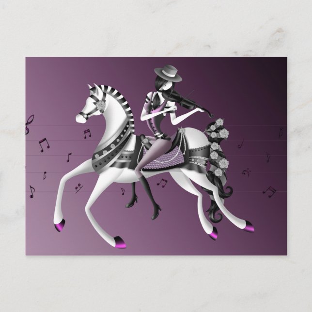 Violoniste à Cheval Carte Postale Mauve (Devant)