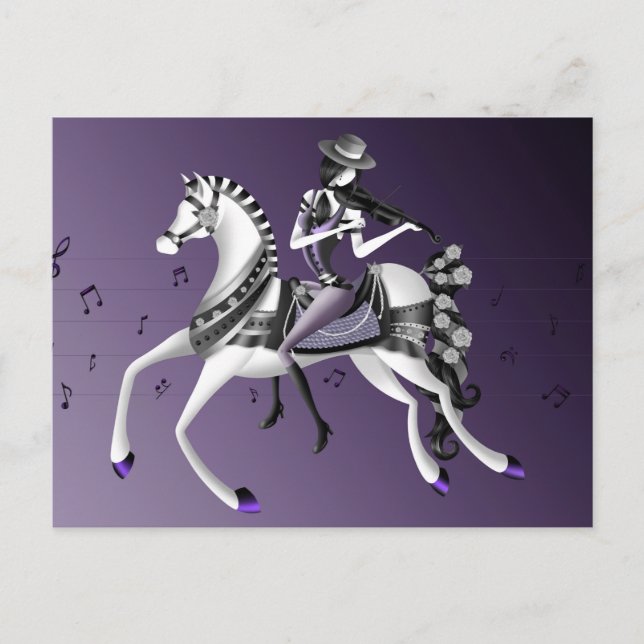 Violoniste à Cheval Carte Postale Violette (Devant)