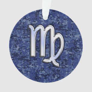 Virgo Zodiac Silver Sign on Navy Blue Digital Camo