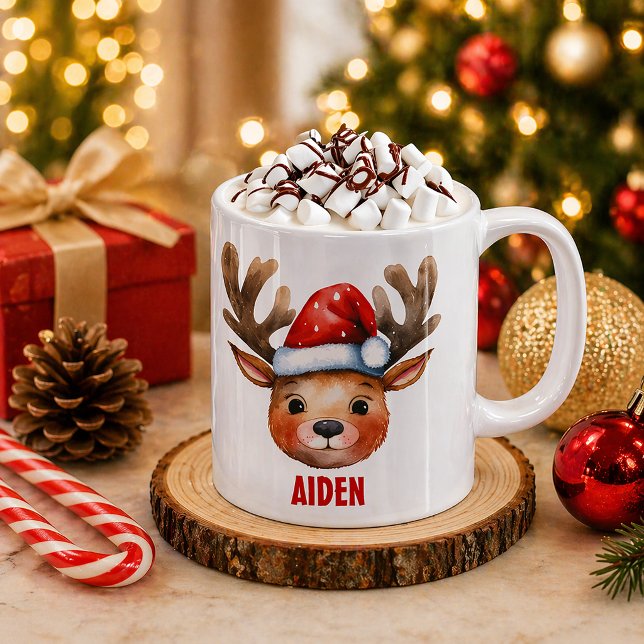 Visage de rennes mignonette Xmas Mug personnalisé (Cozy Christmas mug for hot chocolate)