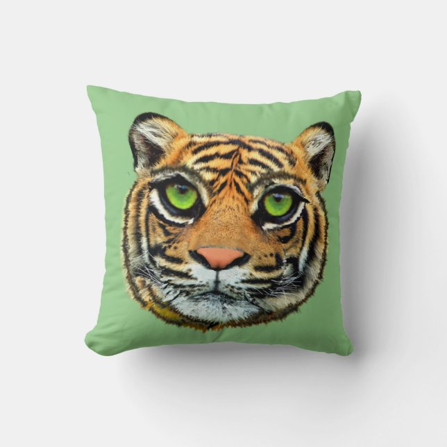 Visage de tigre sauvage sur coussin jetable vert (Recto)