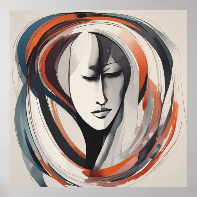 Visage Élégant de Femme Brun Bleu Art Mural Abstra (Devant)
