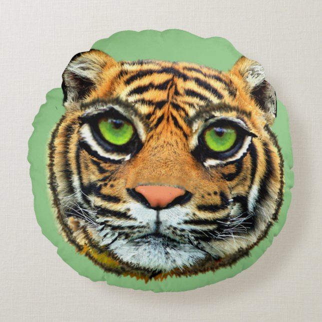 Visage sauvage de tigre sur Coussin vert rond (Devant)
