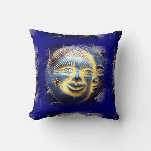 visage soleil/ visage lune céleste bleu coussin