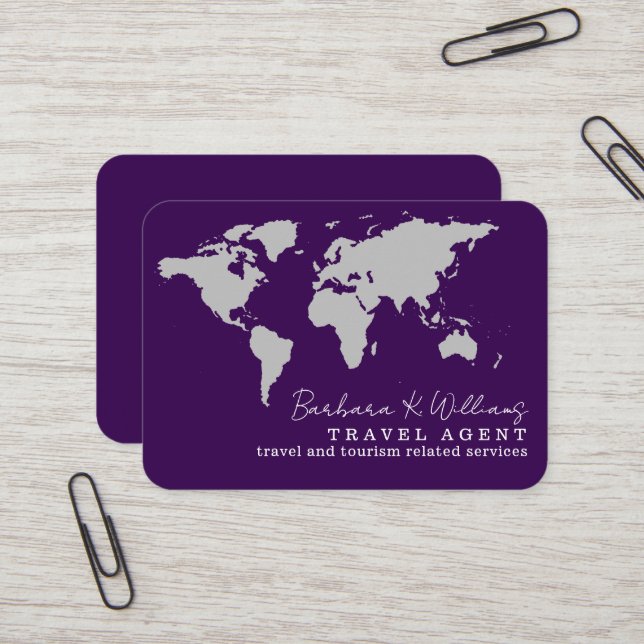 Visite Agent de voyages élégant carte du monde violet (Devant/Arrière en situation)