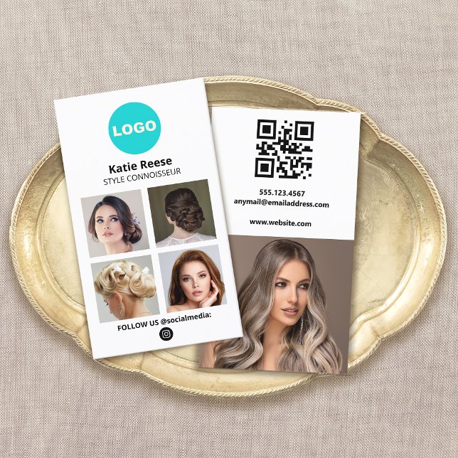 Visite Ajouter votre logo Carte photo de médias sociaux - (add logo social media networking 4 photo grid business cards with qr code)