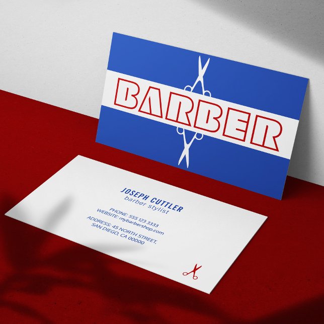 Visite Barber shop moderne rouge bleu blanc Carte de visi (Créateur téléchargé)