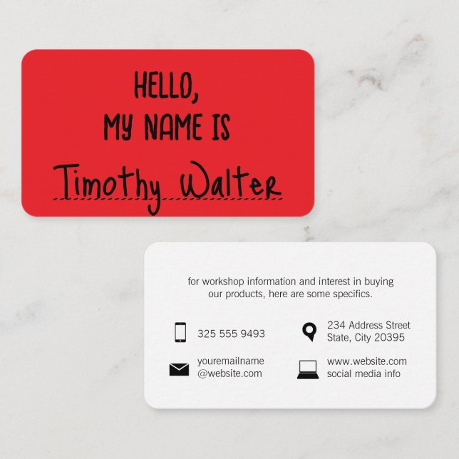 Visite Bonjour  | Carte de nom rouge (Devant / Derrière)