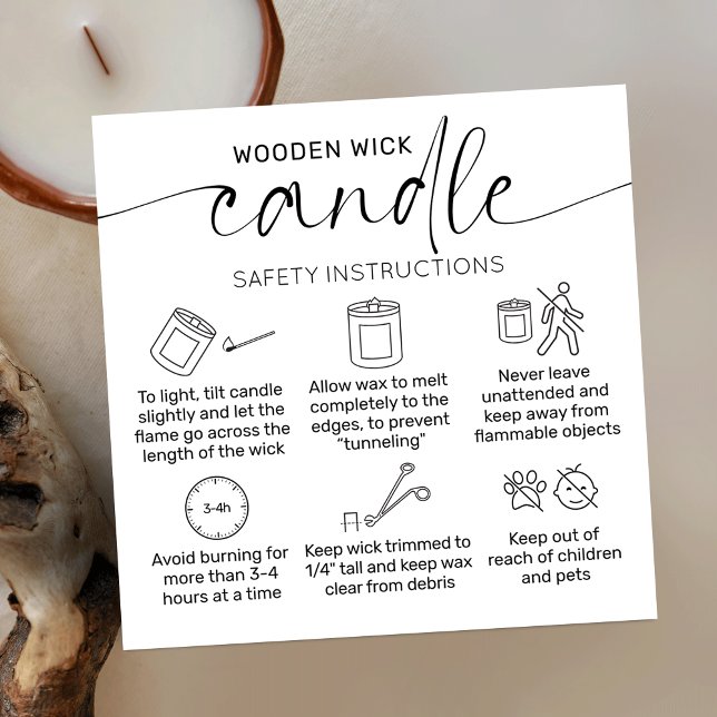 Visite Carré Bougie En Bois Élégant Carte de remerciements (Wooden wick candle care instructions cards with icons, elegant script font and minimalist aesthetic)
