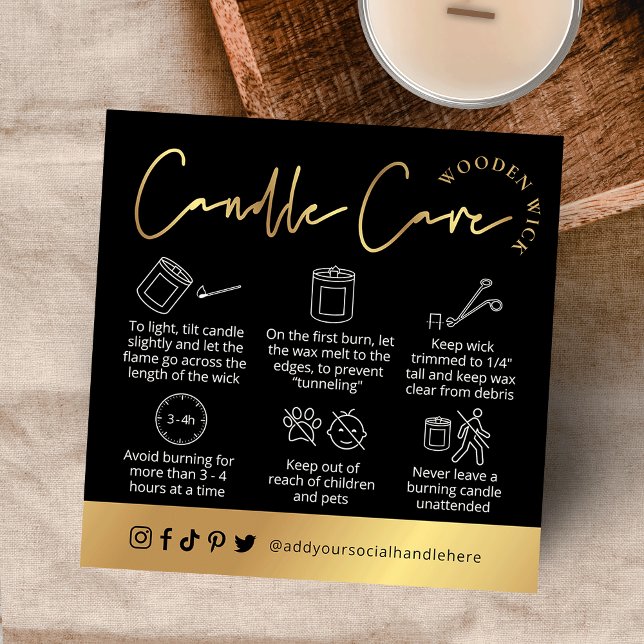 Visite Carré Bougie en bois noir & or Logo carte de sécurité (Black and gold wooden wick candle care cards that will make your candle packaging extra lux)