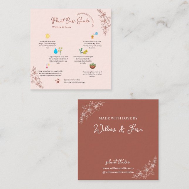 Visite Carré Carte de guide de soin de plante Blush Boho (Devant / Derrière)