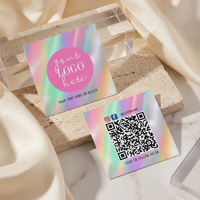 Visite Carré Carte de marque pastel holographique avec code QR (#BrandCard#QRCodeCard#JewelryPackaging#SmallBusinessBranding#SocialMediaCard#HandmadeBusiness
)
