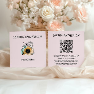 Visite Carré Carte de photographe florale rose blush avec code