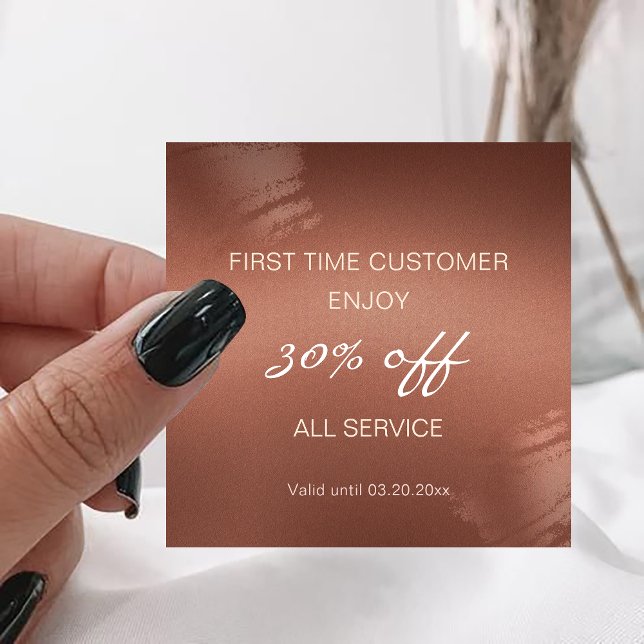 Visite Carré Carte de réduction de première fois avec logo en b (Modern Stylish Bronze Logo First Time Discount Square Business Card)