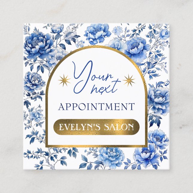 Visite Carré Élégante carte de rendez-vous chinoiserie bleu fle (Devant)