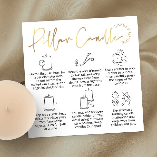 Visite Carré Élégante carte de soins aux chandelles pour logo b (Elegant white and gold pillar candle care cards with icons and space for your logo)