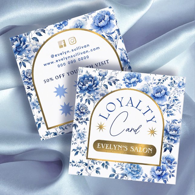 Visite Carré Élégante chinoiserie fleurs bleues carte de fidéli (Créateur téléchargé)