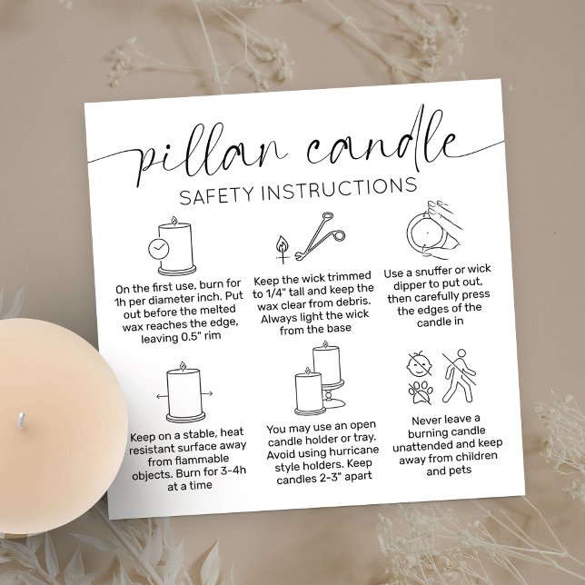Visite Carré Pillar Candle Care Carte de remerciements Élégant  (Pillar candle safety instructions cards with care icons, modern layout and space for your logo)