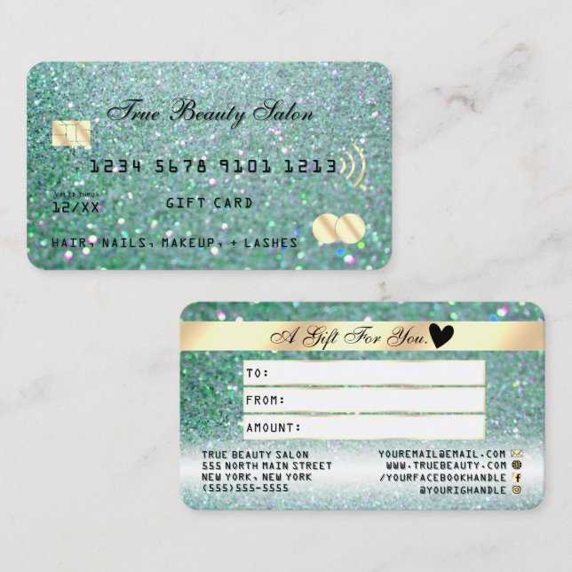 Visite Carte cadeau de Parties scintillant Turquoise Vert (Devant / Derrière)