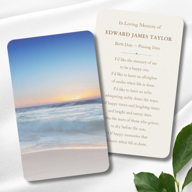 Visite Carte commémorative des funérailles de Blue Ocean  (Beach Memorial Card)
