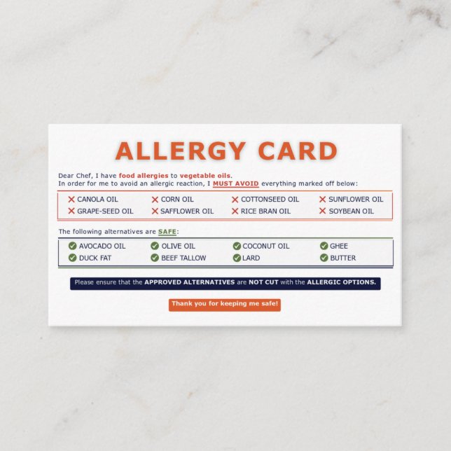 Visite Carte d'allergie à l'huile de graines (Devant)