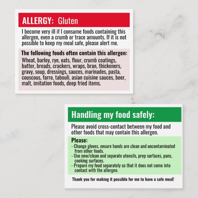 Visite Carte d'allergie de restaurant allergie allergique (Devant / Derrière)