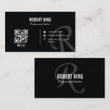Carte de barbier à monogramme noir élégant en or