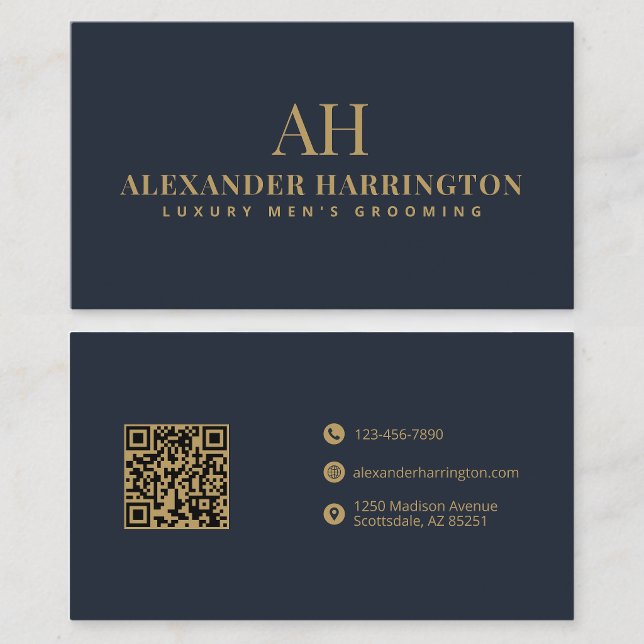 Visite Carte de barbier élégante code QR bleu or (Créateur téléchargé)