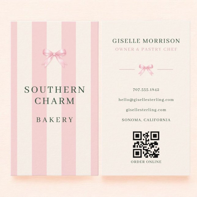 Visite Carte de boulangerie Rose Vert Rayé Nœud QR Code (Créateur téléchargé)