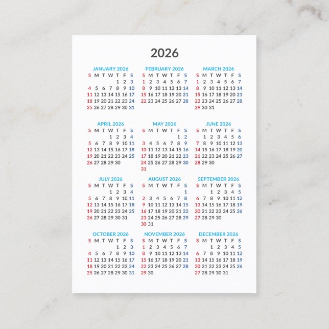 Visite Carte de calendrier 2026 : début le dimanche (Dos)