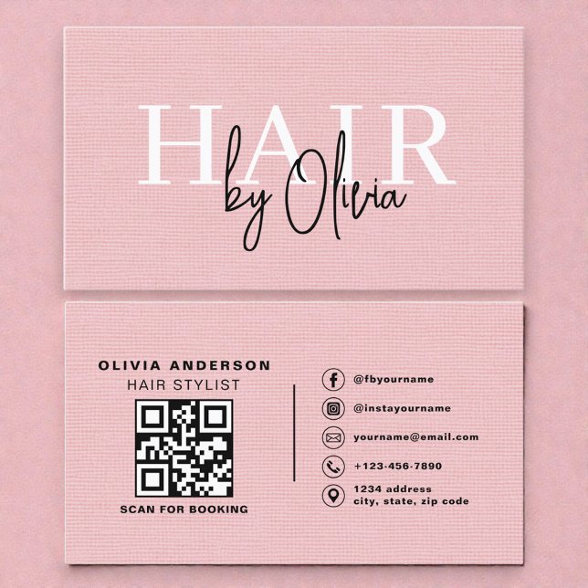 Visite Carte de coiffeur à code QR en lin rose avec typog (Créateur téléchargé)
