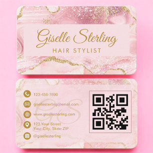 Visite Carte de coiffeur Code QR Rose Pâle Agate Dorée