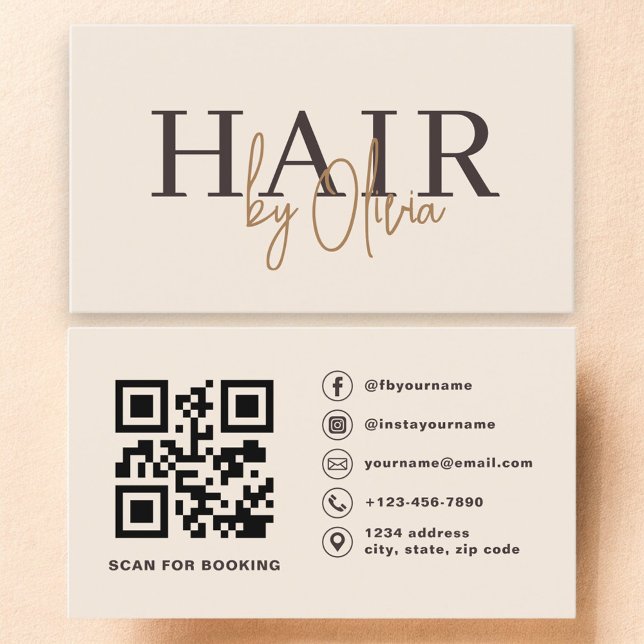 Visite Carte de coiffeur moderne au code QR neutre beige (Créateur téléchargé)