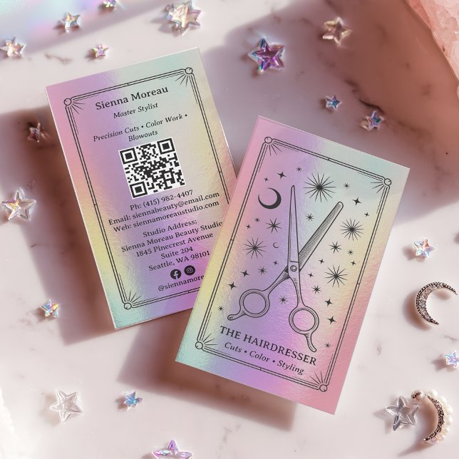 Visite Carte de coiffeur rétro céleste tarot holographiqu (Holographic Retro Celestial Tarot Hairdresser QR Business Card)