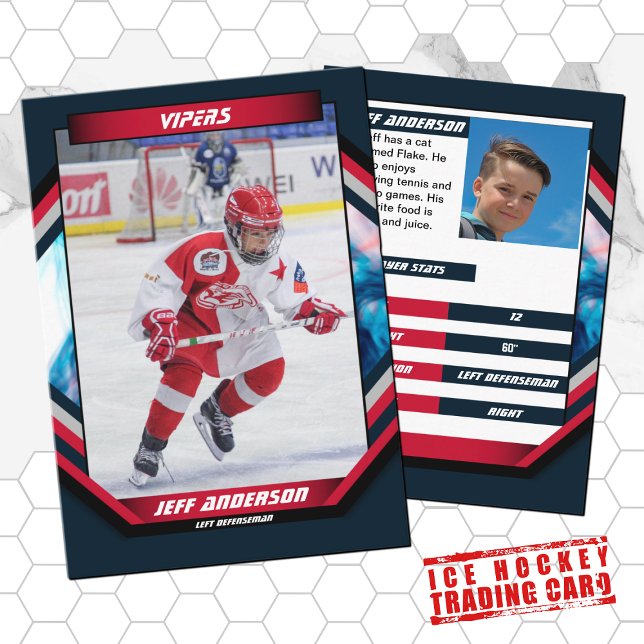Visite Carte de commerce de hockey sur glace en Cool roug (Ice Hockey Trading Card: Stylish design, dynamic action. Perfect for kids and fans!)
