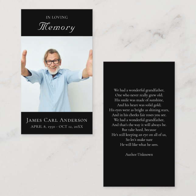 Visite Carte de condoléances funéraire simple avec photo (Devant / Derrière)
