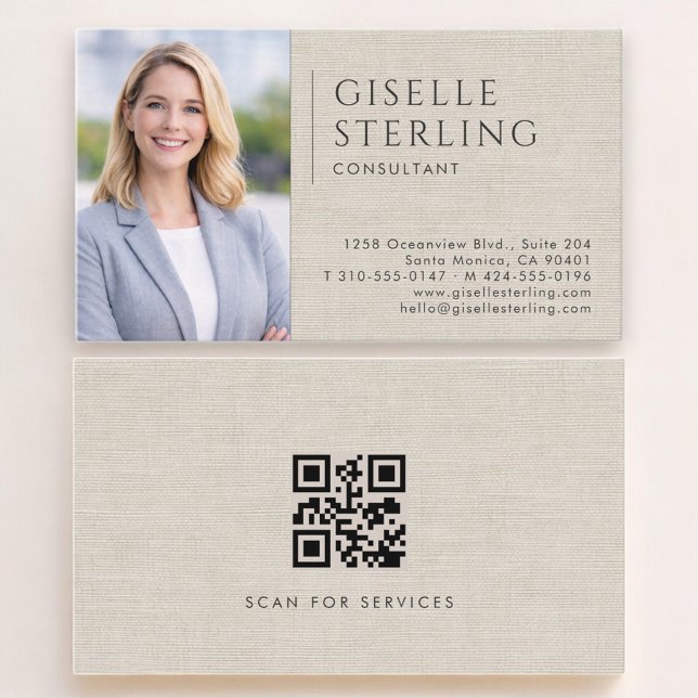 Visite Carte de consultant en lin avec code QR photo (Créateur téléchargé)
