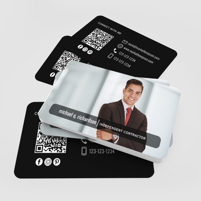 Visite Carte de contact photo avec code QR noir moderne (Black minimalist QR code photo contact cards scattered with modern clean layout)