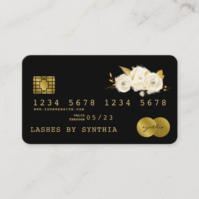 Visite Carte de crédit Styled Black Floral Gold (Devant)