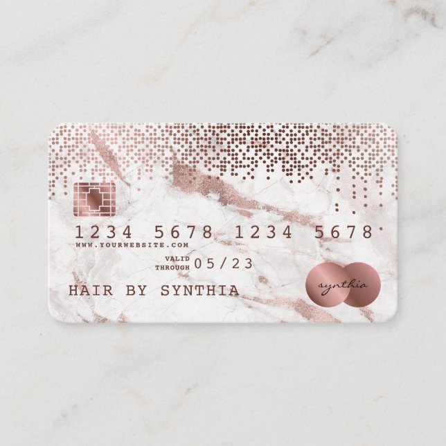 Visite Carte de crédit Stylisé Rose Gold Marble et Confet (Devant)