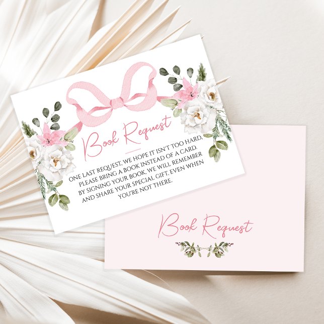 Visite Carte de demande de Baby shower Croquette Pink Bow (Pink Bow Baby Shower Book Request Inserts, Coquette Pink Bow Baby Shower Invitation, Winter Floral)