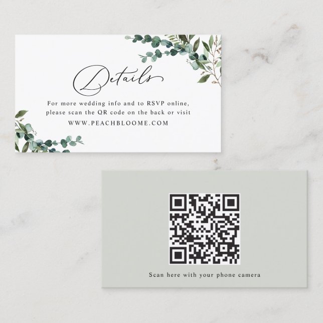 Visite Carte de détails de mariage avec code QR Greenery (Devant / Derrière)