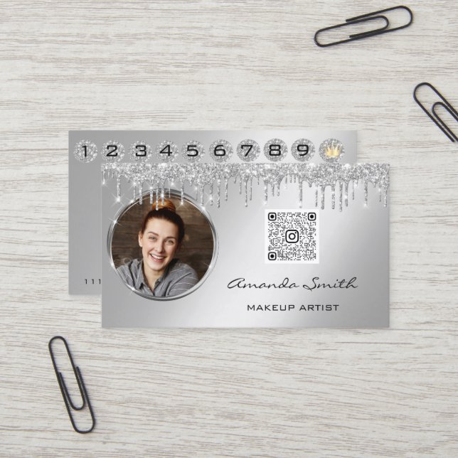 Visite Carte de fidélité 10 Punch Crown Argent QR Logo Ph (Devant/Arrière en situation)