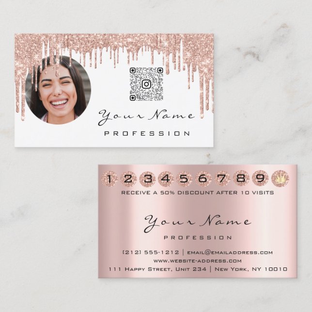 Visite Carte de fidélité 10 Punch Golden Crown Rose QR Ph (Devant / Derrière)